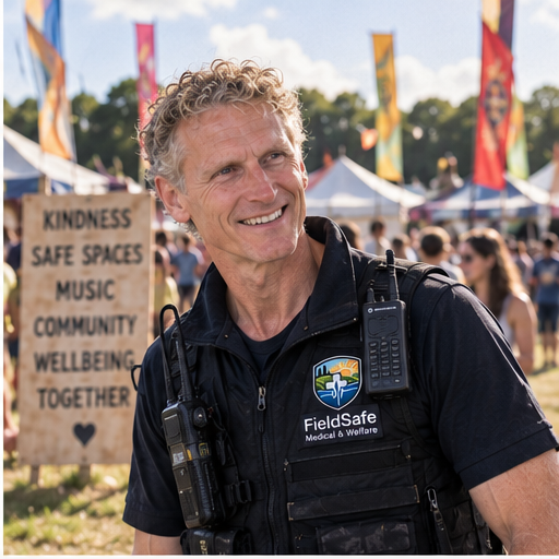 Russell Maher providing FieldSafe medical and welfare cover on a festival site at night