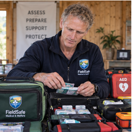 Russell Maher reviewing FieldSafe emergency readiness kit